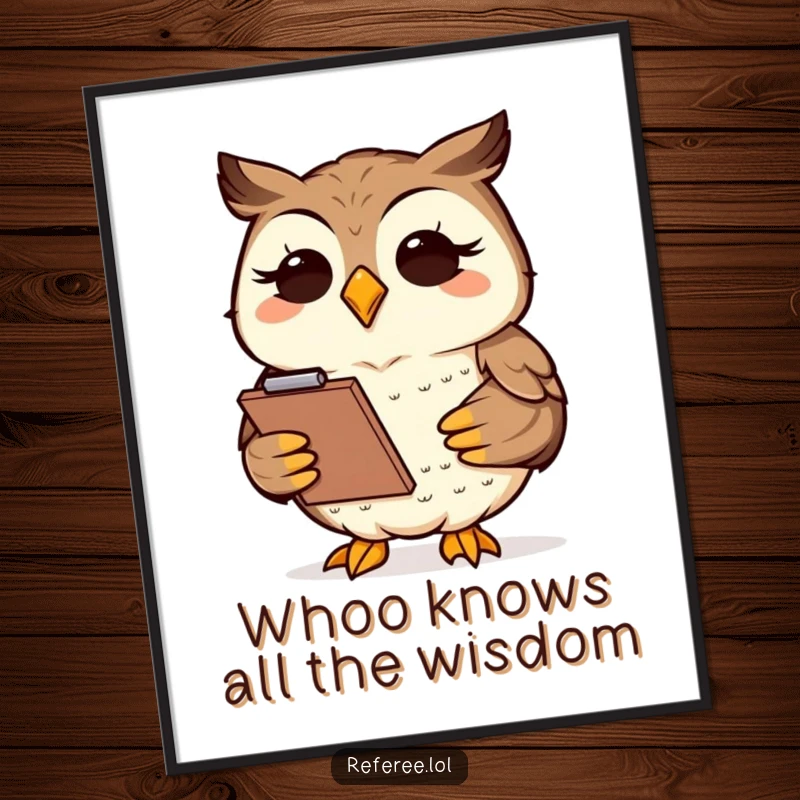 Funny Free Printable Wall Art of a smiling owl nodding wisely, holding a clipboard, offering a humorous, intelligent presence for your walls.