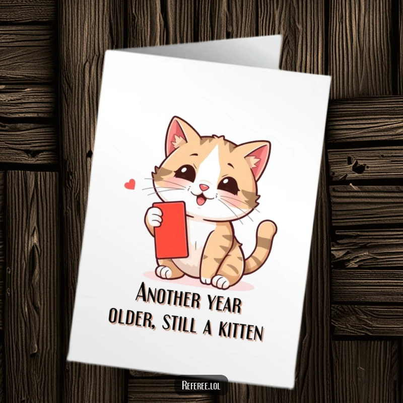 Funny free printable birthday card featuring a playful cat pawing at a small red card, ready for your birthday message.