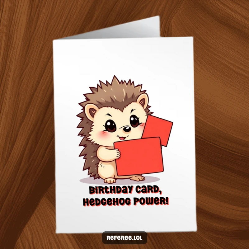Funny Free Printable Birthday Card of a happy hedgehog holding a bright red card with a laser-focused, determined gaze.