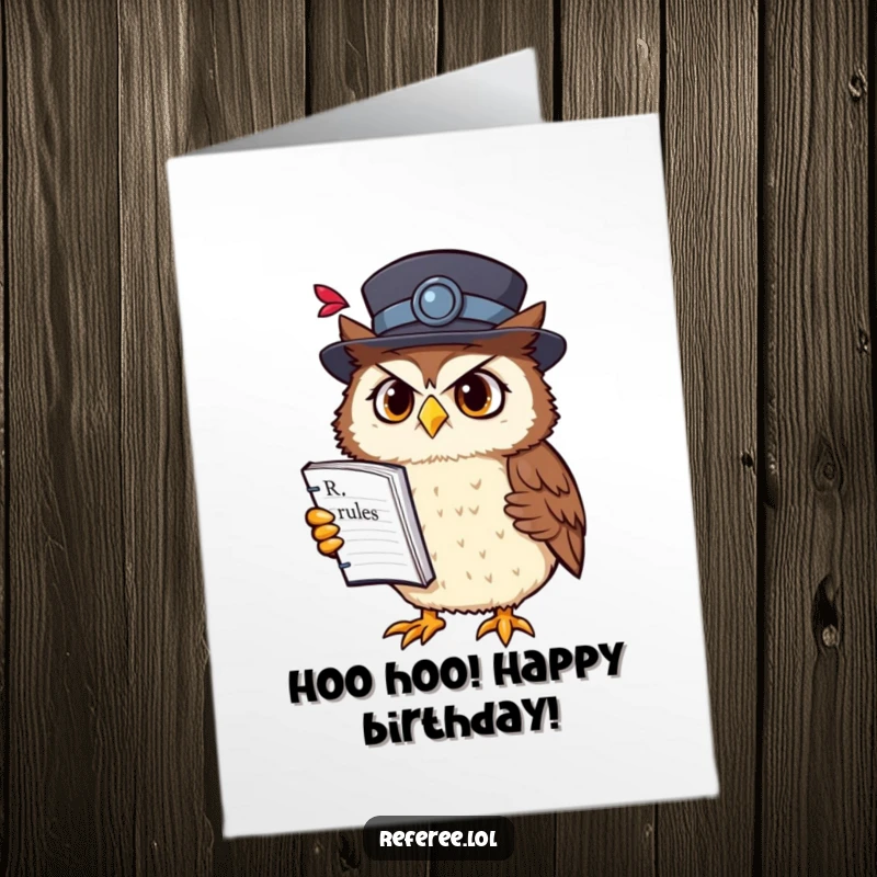 Funny Free Printable Birthday Card: Confused owl in a fancy hat holds a rulebook upside down, wondering about birthday rules.