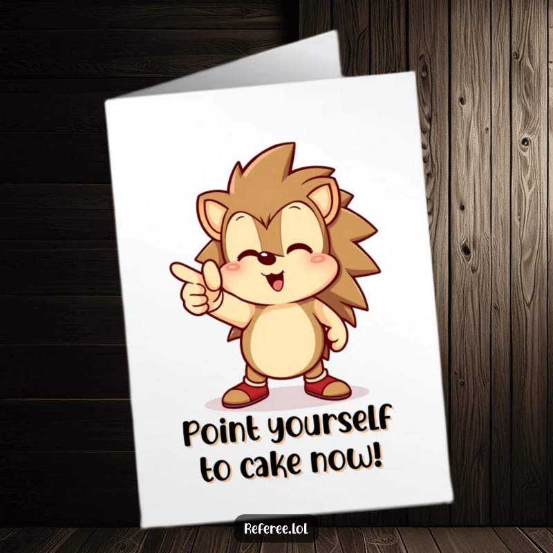 Funny Free Printable Birthday Card: A determined hedgehog with a smile points its paw directly towards a finish line with focus.