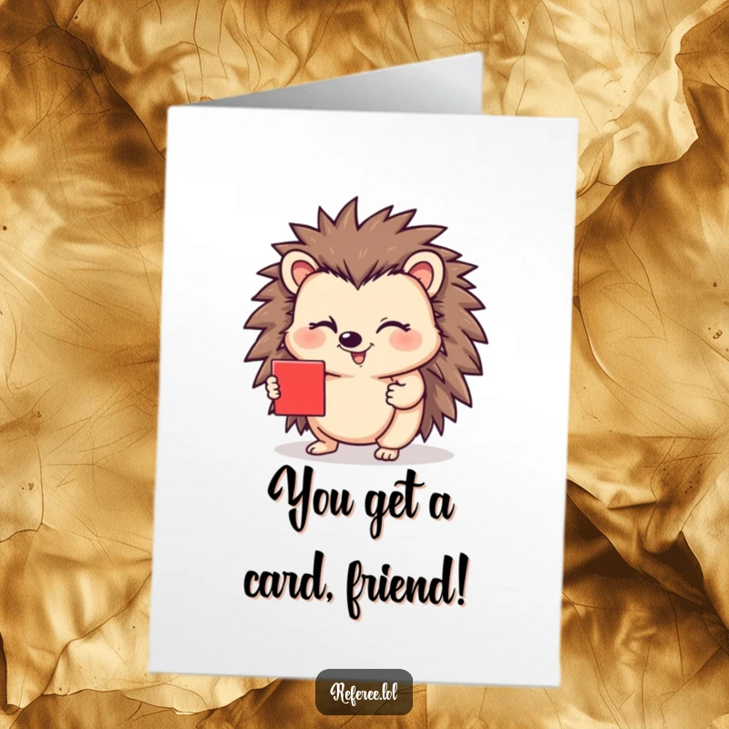 Funny Free Printable Birthday Card: A cheeky hedgehog winks while holding a red card, bringing playful judgment to your celebration.