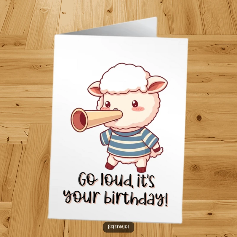 Funny Free Printable Birthday Card featuring a fluffy sheep in a striped shirt blowing a giant whistle with gusto.