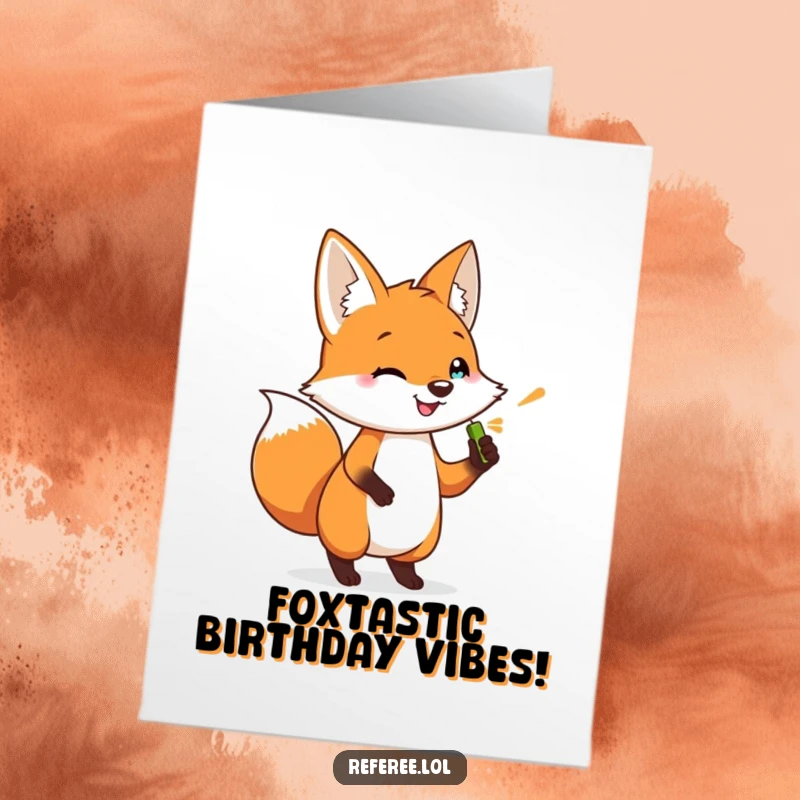 Funny Free Printable Birthday Card: Happy fox tapping foot impatiently, holding a whistle, ready to blow it loudly for the birthday person.