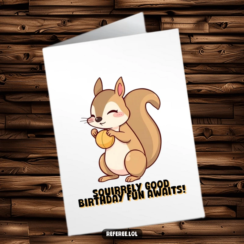 Funny Free Printable Birthday Card: A playful squirrel skillfully bounces a small ball on its nose. Whimsical birthday wish.