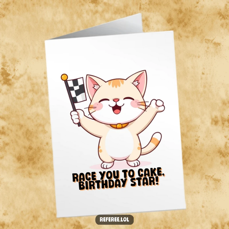 Funny Free Printable Birthday Card of a happy cat energetically waving a checkered racing flag in celebration.