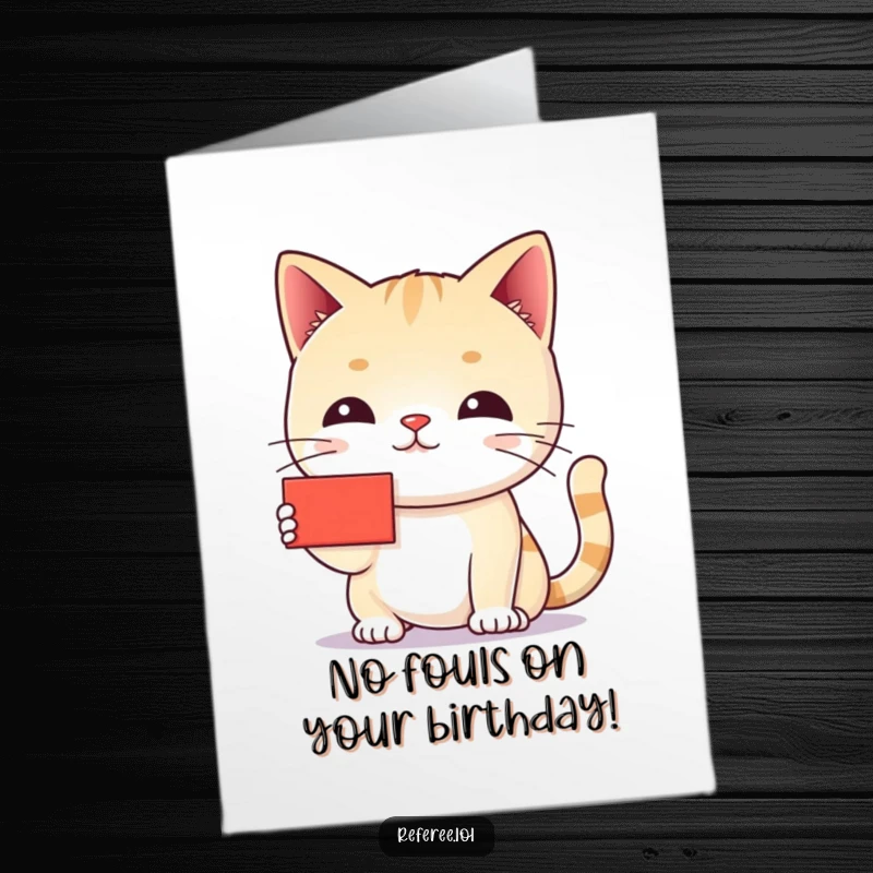Funny Free Printable Birthday Card: A chiding cat sternly holding up a tiny red card with a scolding expression.