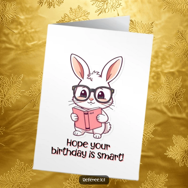 Funny Free Printable Birthday Card: Shy bunny adjusting oversized glasses, holding a rule book, ready to celebrate by the book.