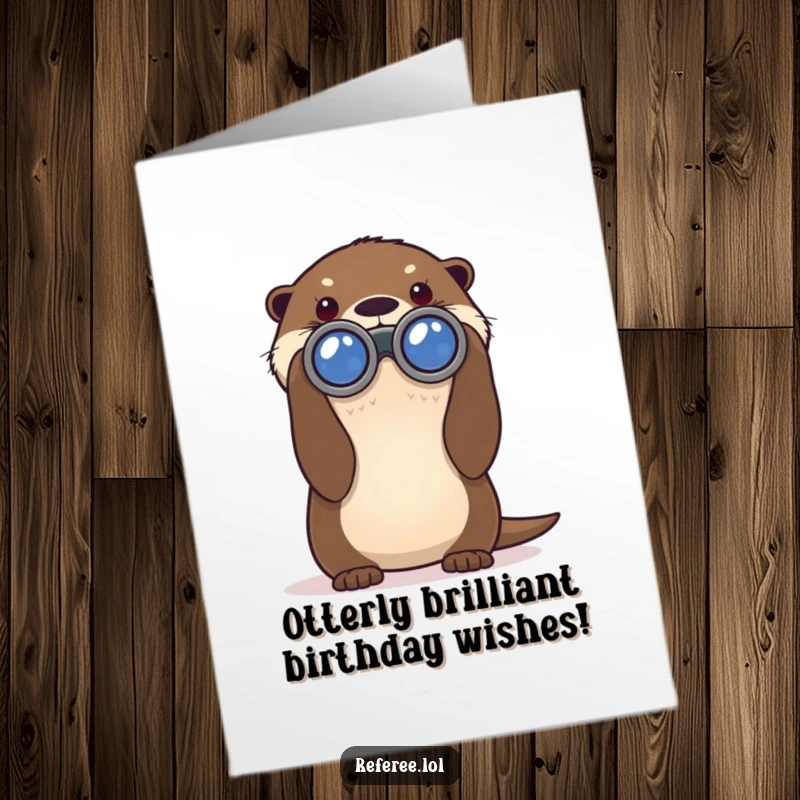 Funny Free Printable Birthday Card: A curious otter peeks intently through oversized binoculars at something far away.