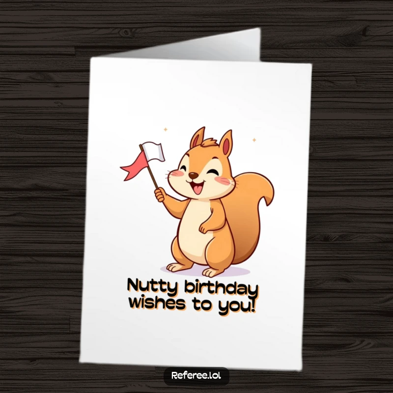 Funny Free Printable Birthday Card: Cheerful squirrel proudly holding a tiny flag, signaling a triumphant birthday victory with a happy grin.