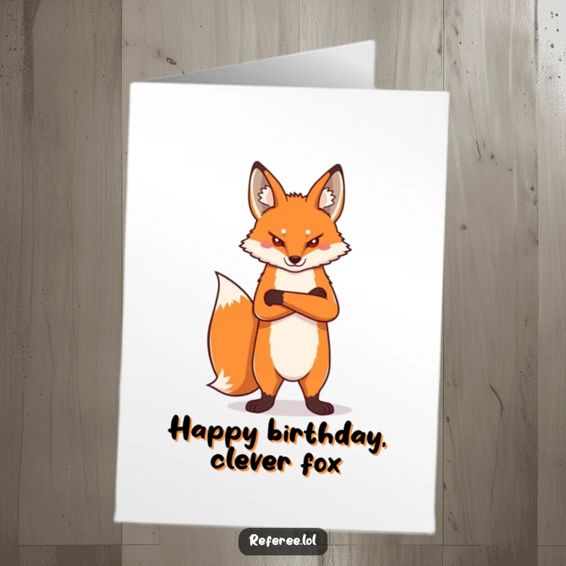 Funny Free Printable Birthday Card: a proud fox with arms crossed and a stern face, exuding authority.