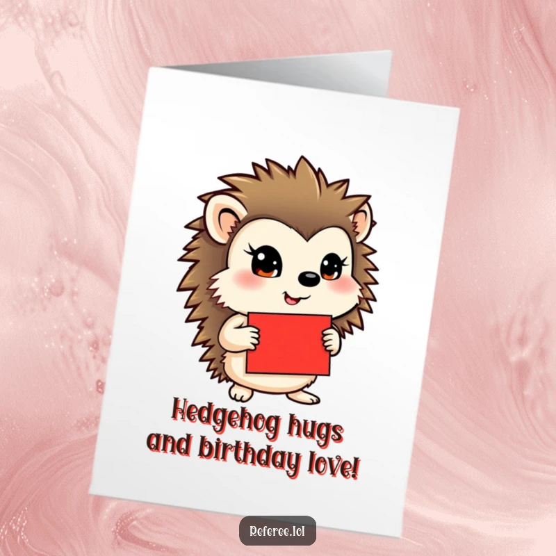 Funny Free Printable Birthday Card: Hedgehog holding a red card with a super determined look, ready to celebrate.