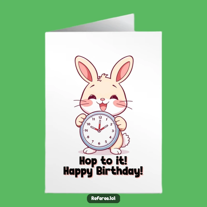 Free Printable Birthday Card: Delighted Bunny with Stopwatch - Funny Time Flies Birthday Card