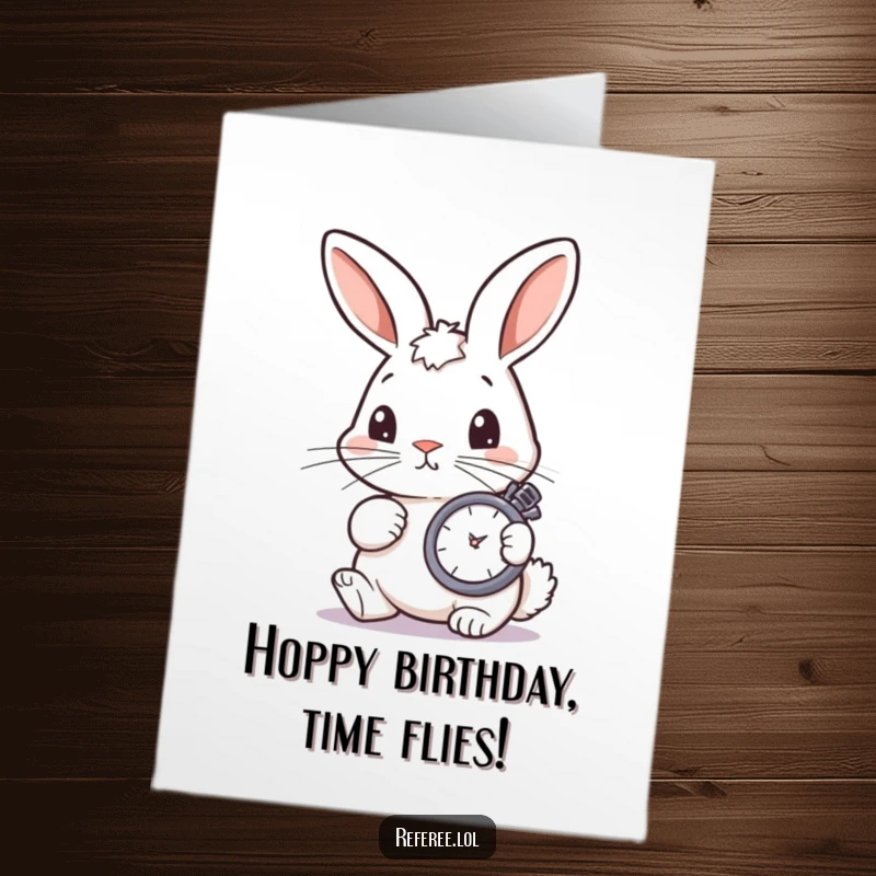 Funny Free Printable Birthday Card featuring a curious bunny twitching its nose, intensely checking a stopwatch for birthday timing.