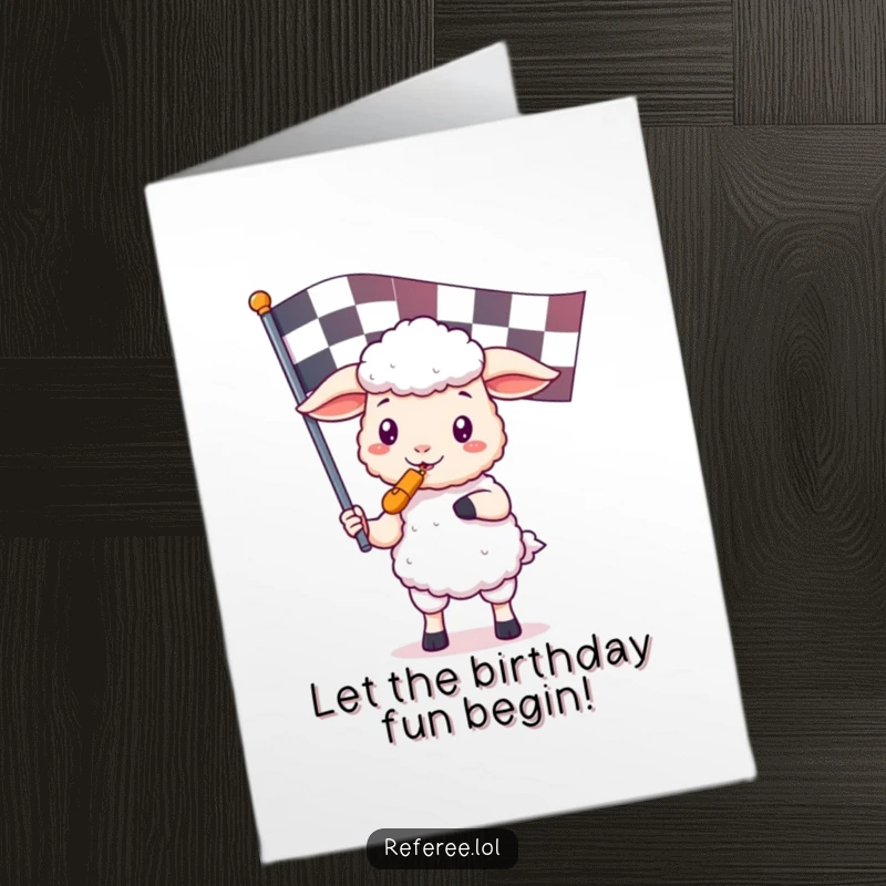 Free Printable Birthday Card: Adorable kawaii sheep holding a whistle and a giant checkered flag, celebrating a birthday with energy.