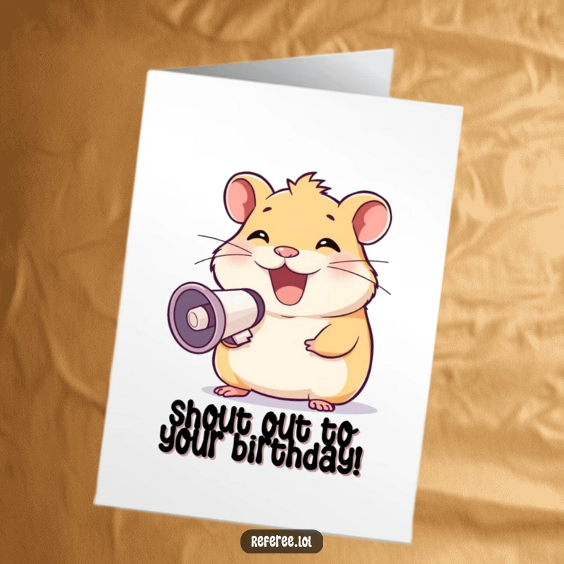 Funny Free Printable Birthday Card: A happy hamster with a huge grin shouts exciting birthday wishes through a megaphone.