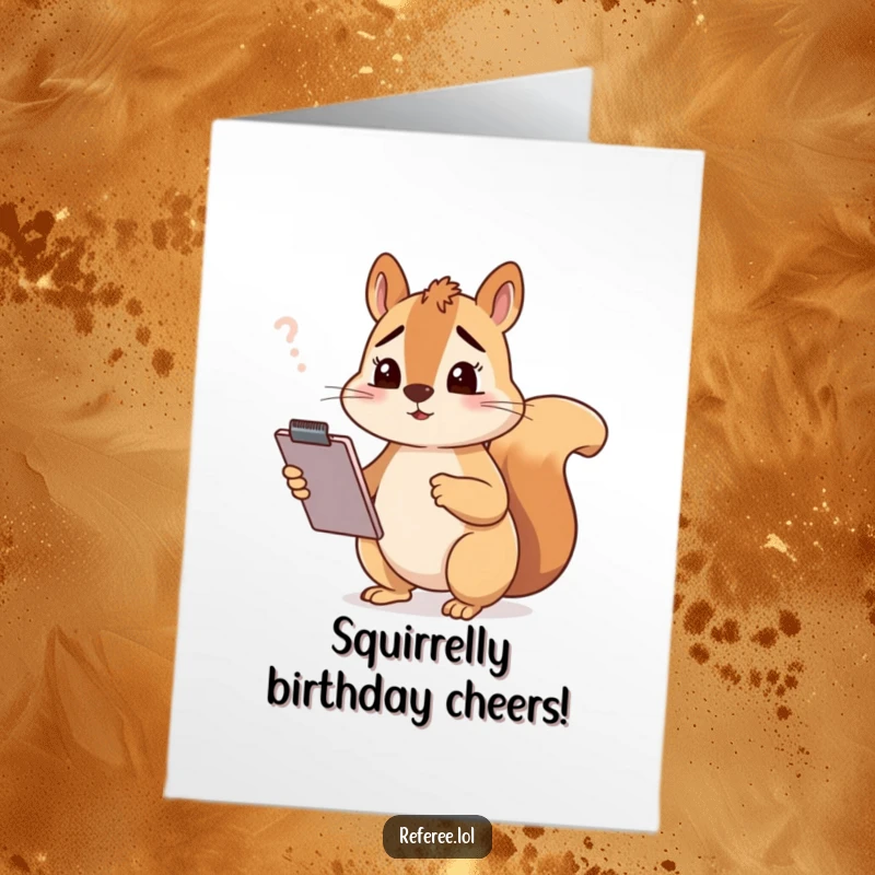 Funny free printable birthday card: A squirrel holding a clipboard, looking totally bewildered and confused.