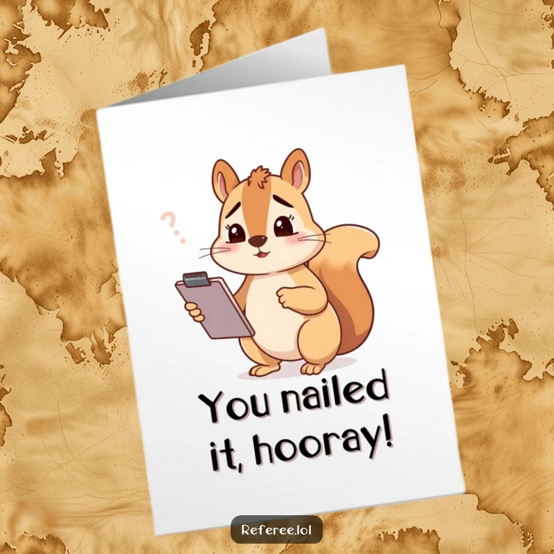Funny free printable congratulations card: A squirrel with a clipboard looking utterly perplexed and confused.