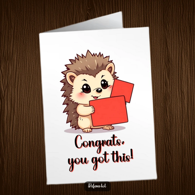 Free Printable Congratulations Card featuring a happy hedgehog holding a bright red card, conveying a determined and proud look.