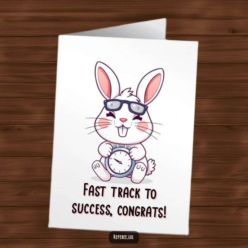 Funny Free Printable Congratulations Card: Cheery rabbit with a stopwatch, looking determined and energetic, celebrating achievements.