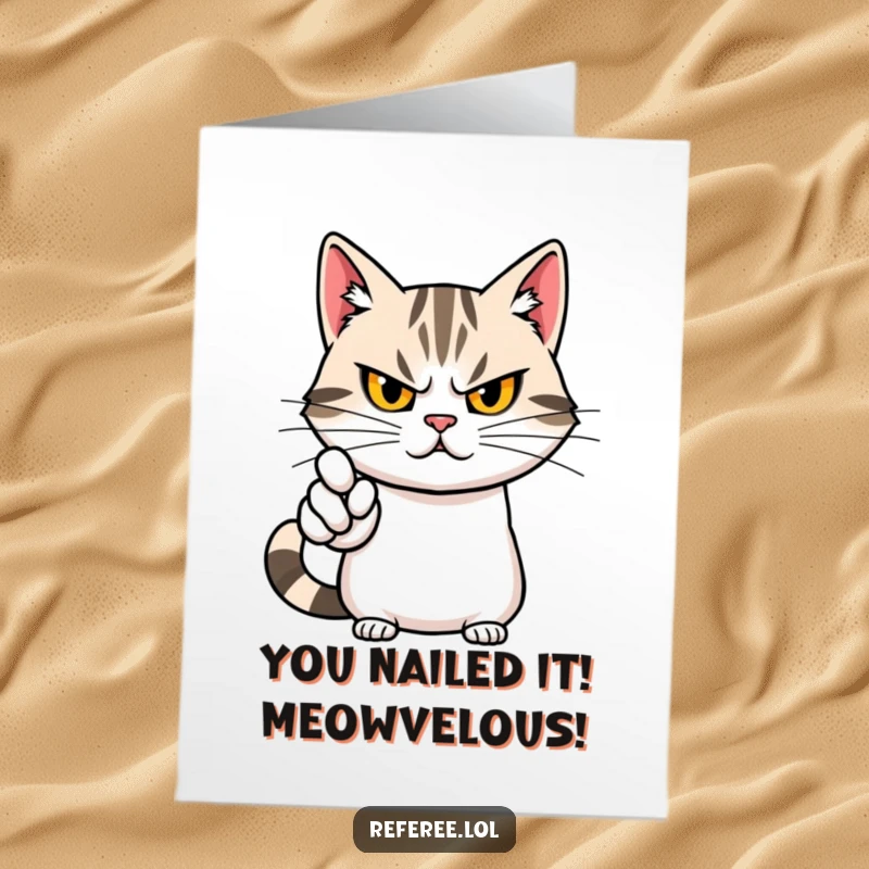 Funny Free Printable Congratulations Card: A stern yet cute cat pointing dramatically, acknowledging a win.