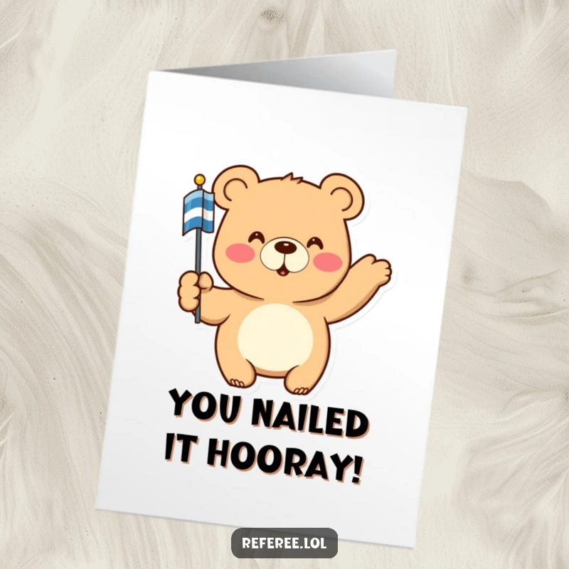 Funny Free Printable Congratulations Card: Bear with Striped Flag Cheering Loudly!