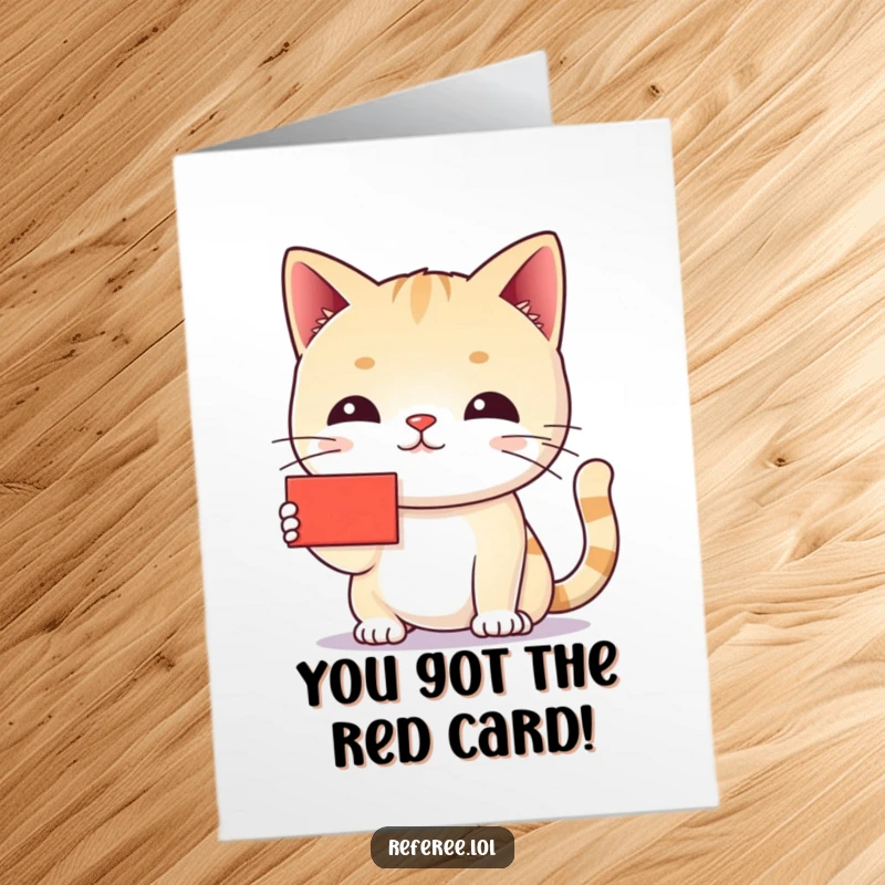 Funny Free Printable Congratulations Card: Chiding cat holds a tiny red card, judging the recipient's success.