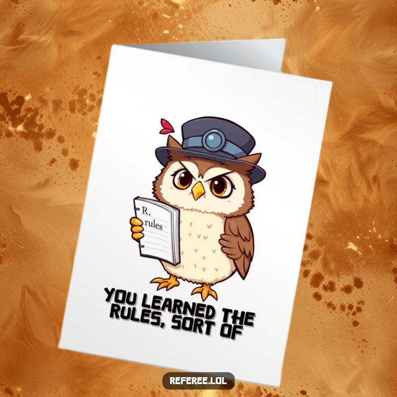 Funny Free Printable Congratulations Card: Confused owl in a fancy hat holds a rulebook upside down, hilariously misinterpreting celebration guidelines.