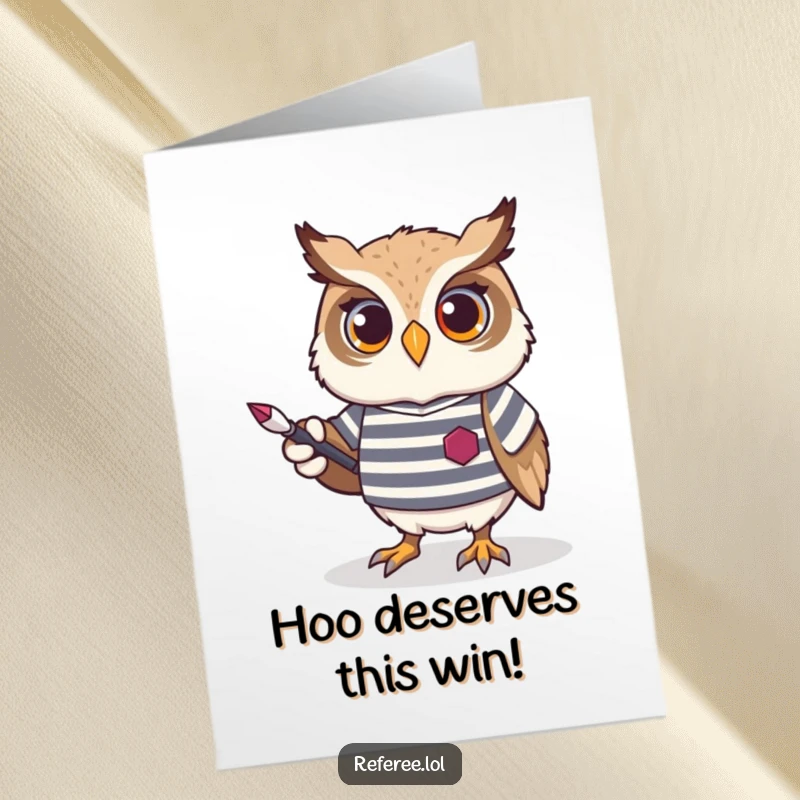 Funny Free Printable Congratulations Card: Wise owl in a jersey holds a pointer, ready to celebrate your win.