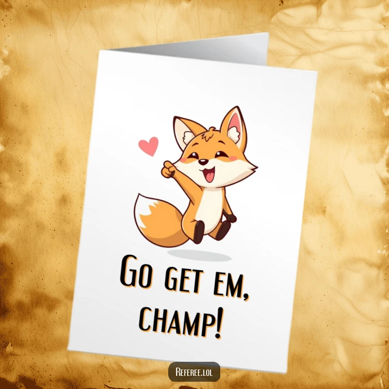 Funny Free Printable Congratulations Card: An enthusiastic fox points towards the goal, celebrating a fantastic win with playful energy.