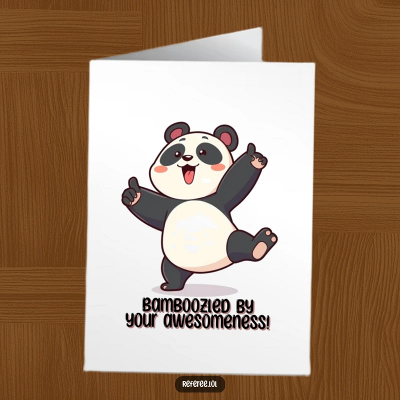 Funny Free Printable Congratulations Card: An enthusiastic panda stomping a foot and pointing emphatically, celebrating success.