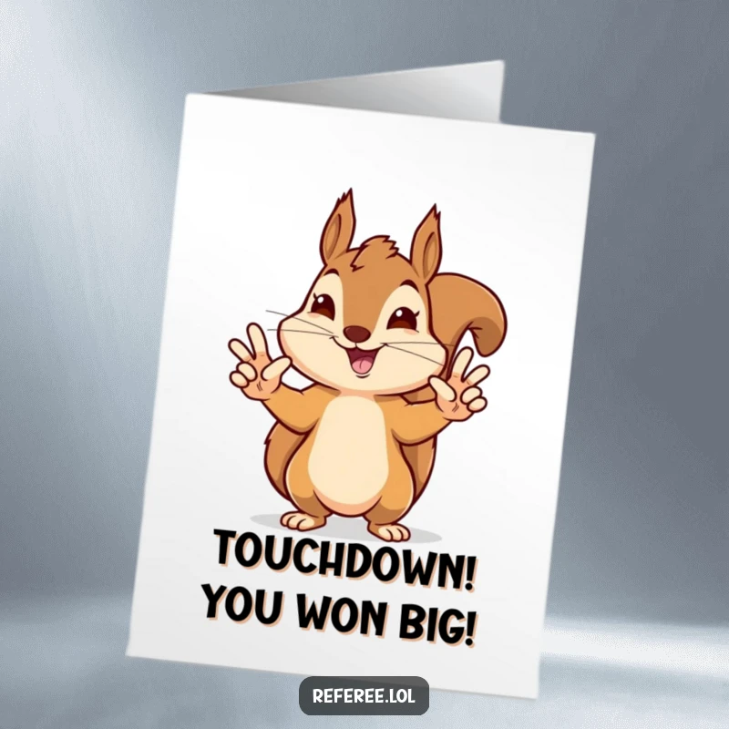 Funny Free Printable Congratulations Card: A delighted squirrel giving precise hand signals for a touchdown, celebrating success.