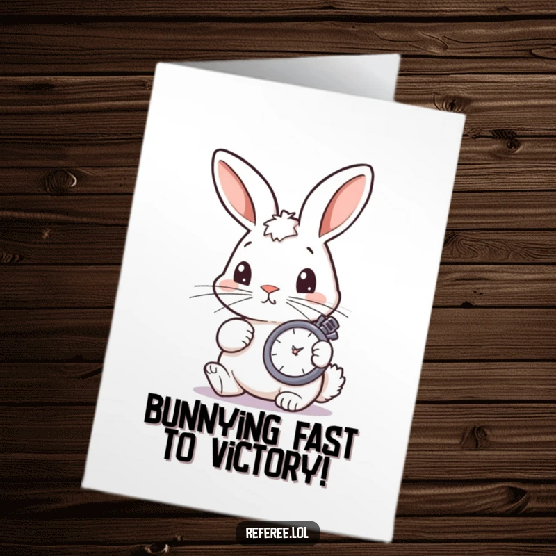 Funny Free Printable Congratulations Card with a curious bunny checking a stopwatch, celebrating success with focused enthusiasm.