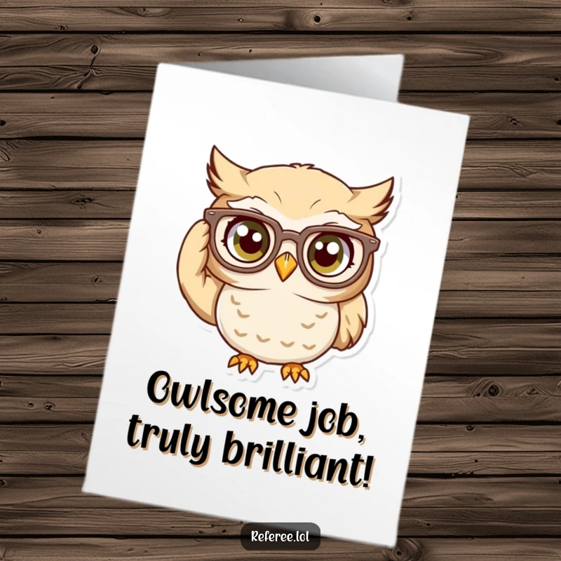 Funny Free Printable congratulations card showing a curious owl intently adjusting large glasses, signifying deep thought.