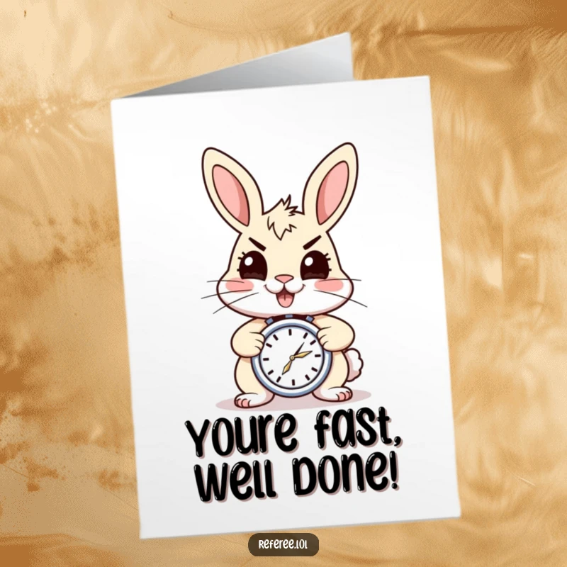 Free Printable Congratulations Card showing a cheery rabbit with a stopwatch, looking determined and energetic to celebrate a win.