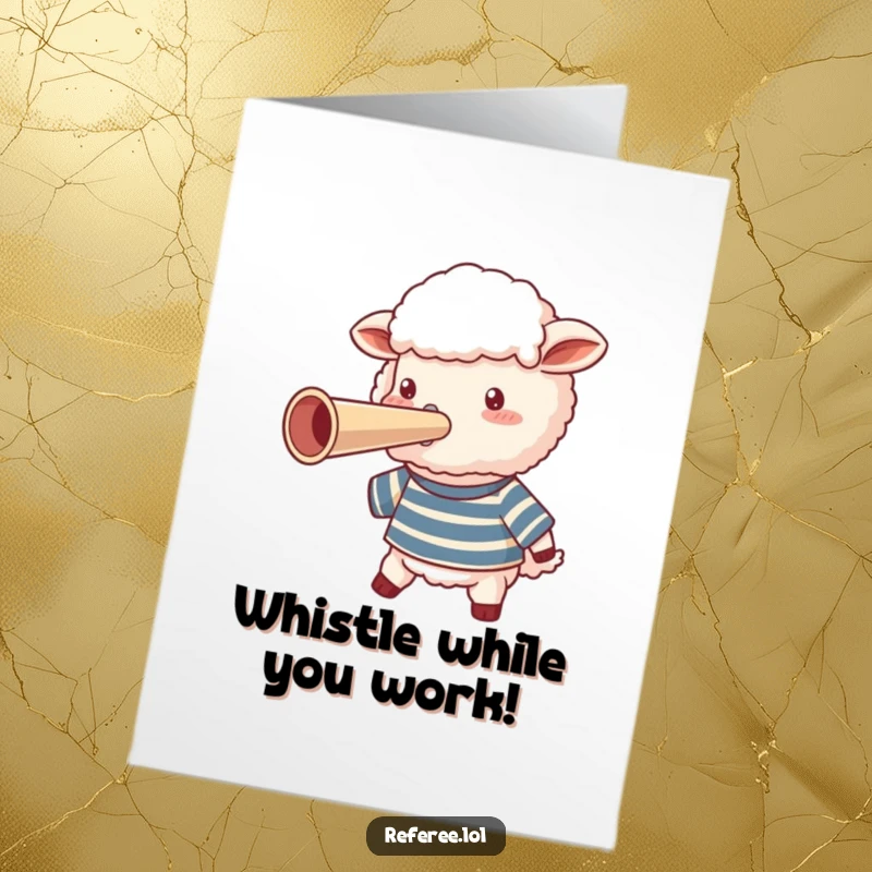 Funny Free Printable Congratulations Card with a fluffy sheep in a striped shirt blowing a loud whistle.