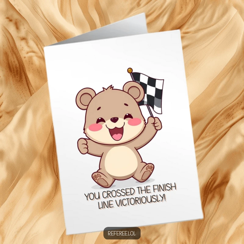 Funny Free Printable Congratulations Card: A joyous bear cub happily waves a checkered flag, symbolizing a fantastic win and pure delight.