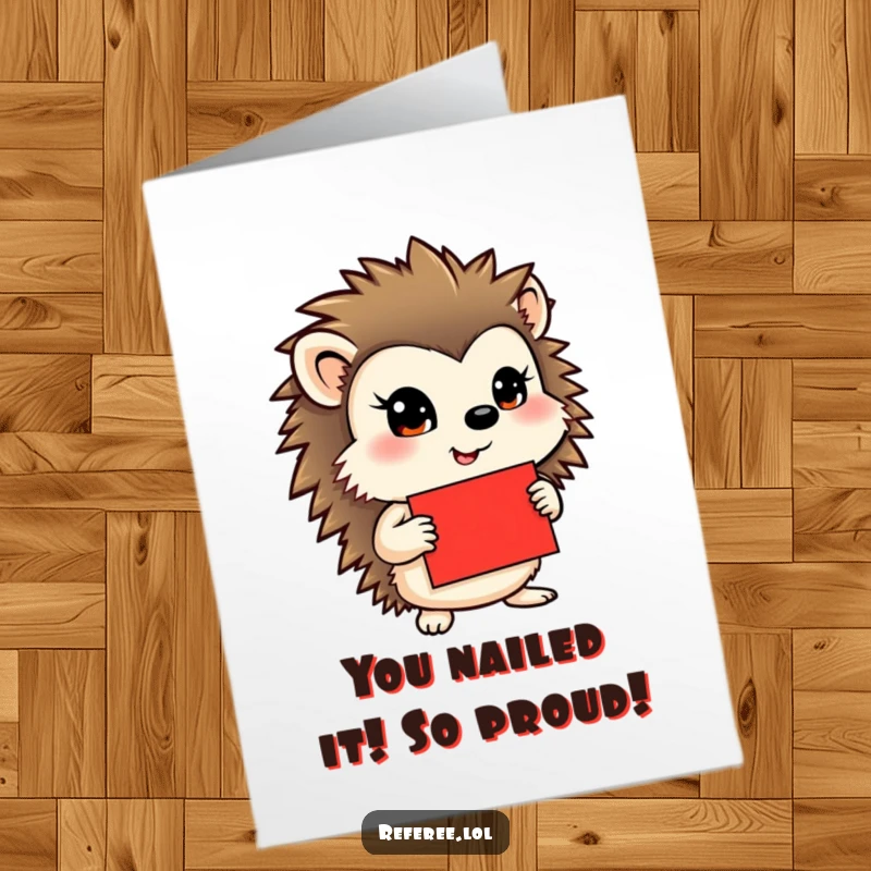 Funny Free Printable Congratulations Card: Determined hedgehog proudly holding a red card, celebrating your big win.