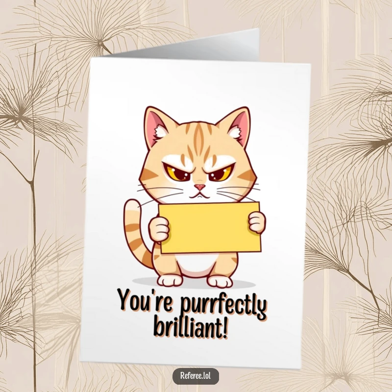 Funny Free Printable Congratulations Card: Determined Cat Squinting, Yellow Card Held High!