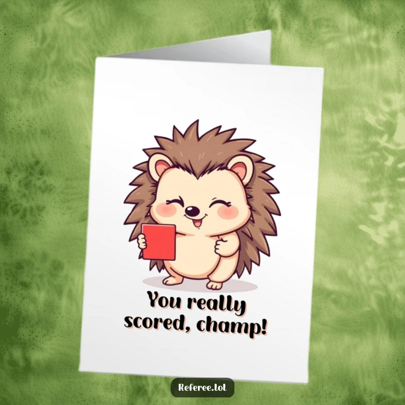 Funny Free Printable Congratulations Card: A sassy hedgehog shows a red card with a sly wink, celebrating your big win.