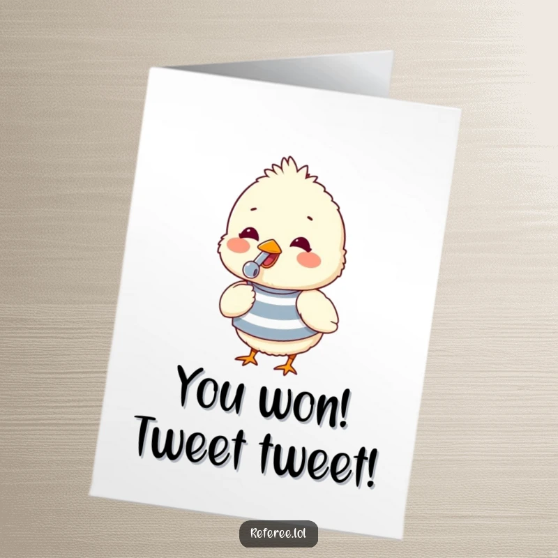 Funny Free Printable Congrats Card: A fluffy chick in a striped shirt gleefully blows a whistle to celebrate an amazing achievement.