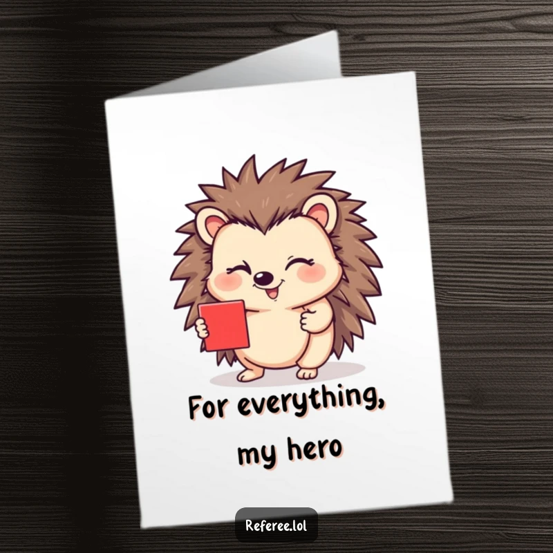 Funny Free Printable Thank You Card: A mischievous hedgehog winks as it holds up a red card, adding humor to your thanks.