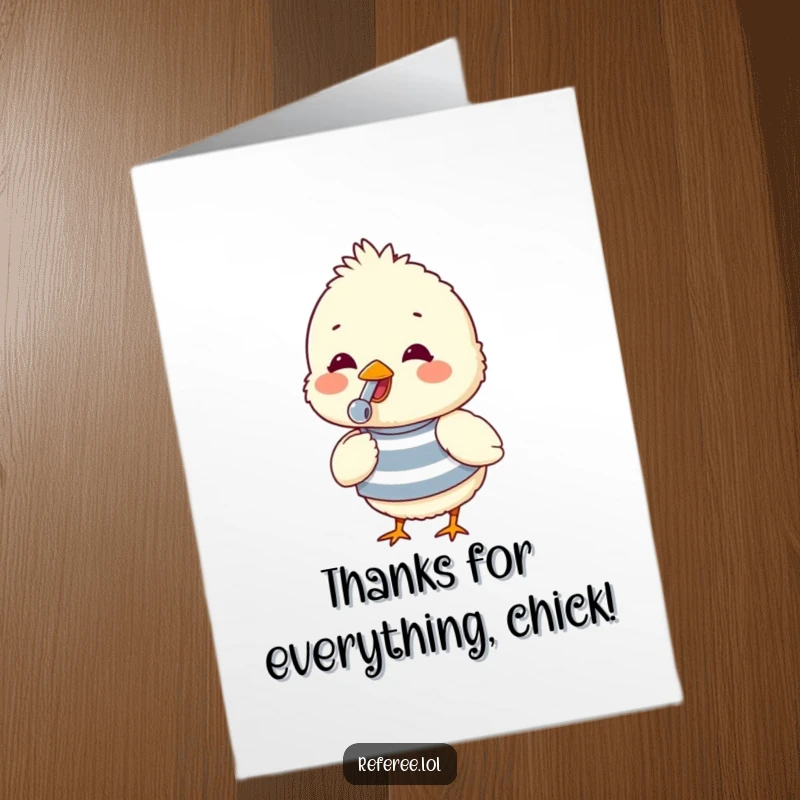 Funny Free Printable Thank You Card: A fluffy chick wearing a striped shirt blows a whistle with glee, expressing thanks.