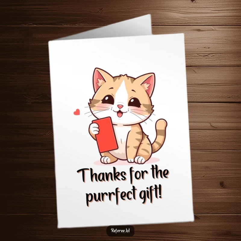 Funny free printable thank you card with a playful cat swatting a red card, ideal for expressing gratitude with humor.