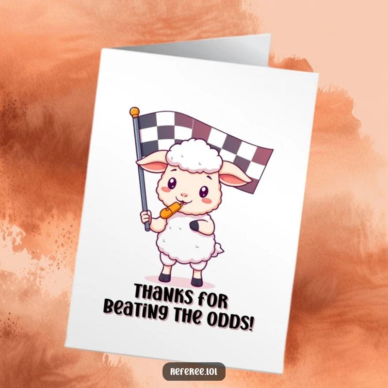 Free Printable Thank You Card: Cute kawaii sheep holding a whistle and a giant checkered flag, conveying enthusiastic thanks.