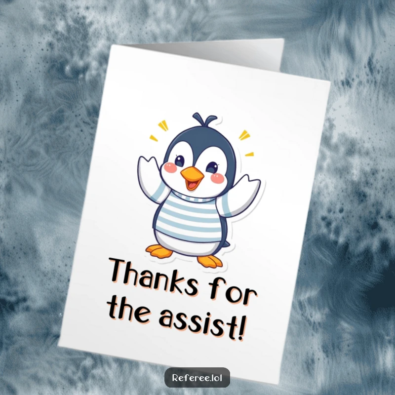 Free Printable Thank You Card: Penguin in a striped shirt, energetically making frantic hand signals to express sincere thanks.