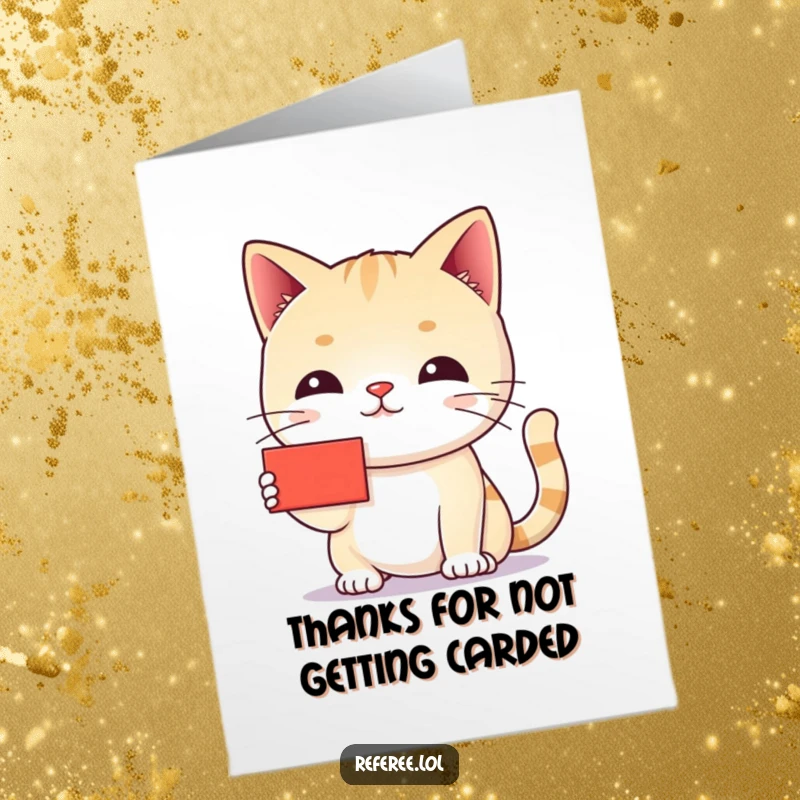 Funny Free Printable Thank You Card: A scolding cat holds up a tiny red card, expressing thanks sternly.