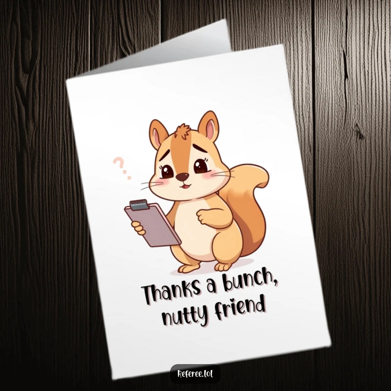 Funny free printable thank you card: A squirrel holding a clipboard looking confused.
