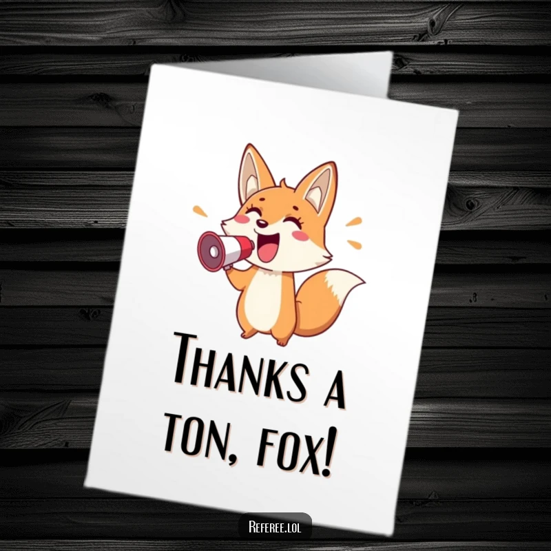 Funny Free Printable Thank You Card: A cheerful fox enthusiastically points and shouts through a megaphone, conveying heartfelt thanks.