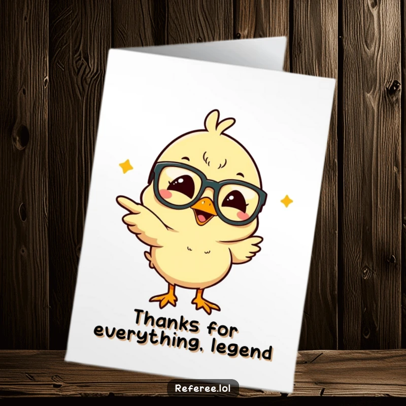 Funny Free Printable Thank You Card featuring a giggling chick in big glasses, perfect for a grateful laugh.